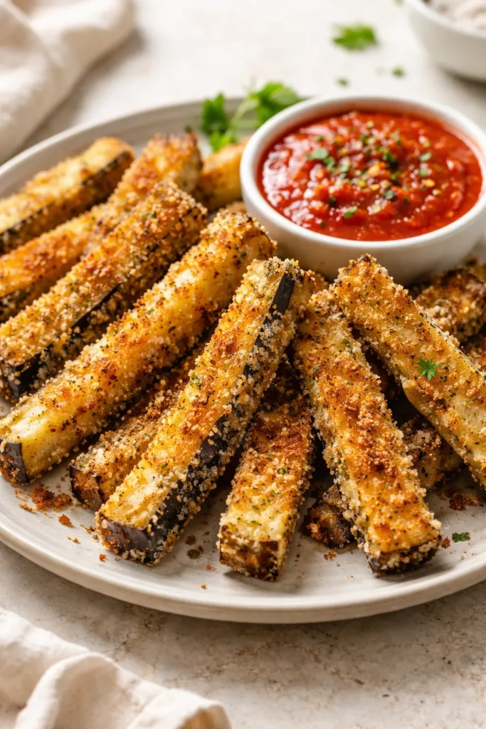 12 Air Fryer Dinners Crispy Without the Oil 12 Eggplant fries with golden crust on plate
