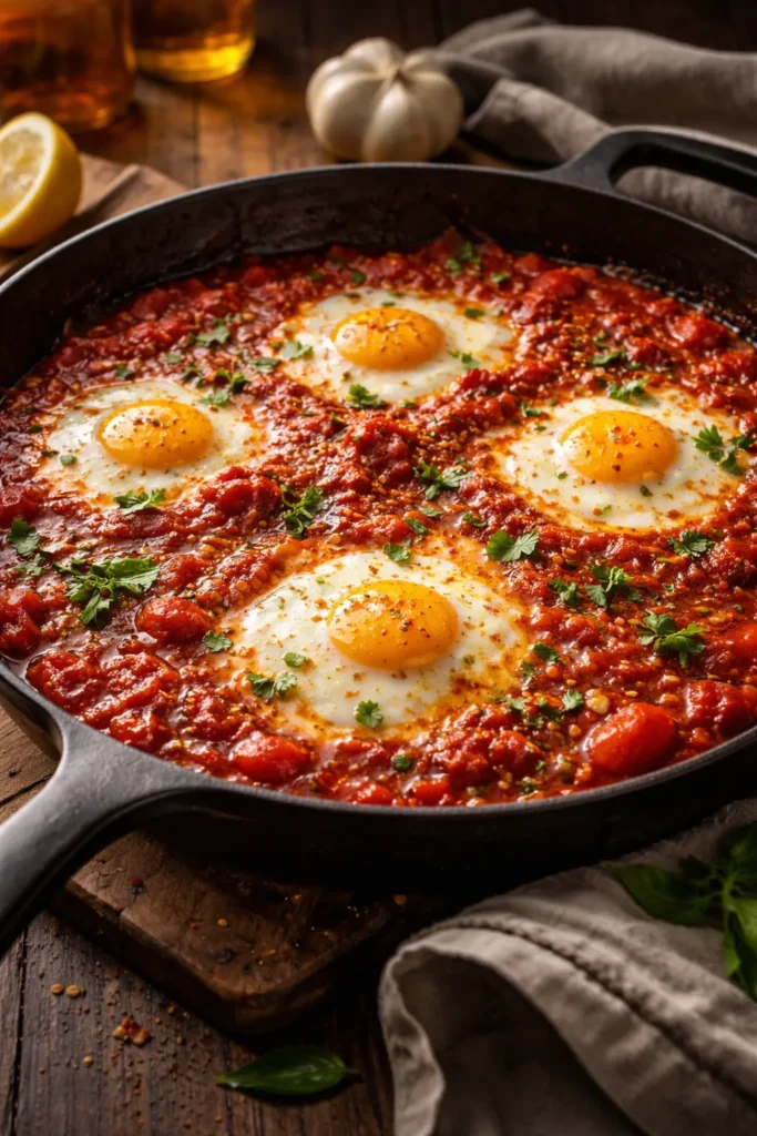 8 Skillet Dinners Ready in 20 Minutes 5 Eggs poaching in spicy tomato sauce in a skillet.