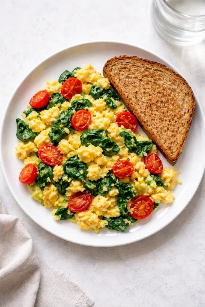 8 Calorie Deficit Meals That Keep You Full 8 Scrambled eggs with spinach, cherry tomatoes, and toast on a plate