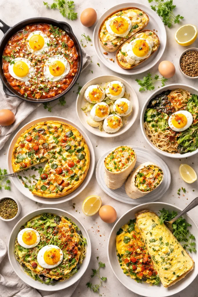 8 Egg Recipes Beyond Scrambled and Fried 1 Close-up of eggs in different states on a neutral surface