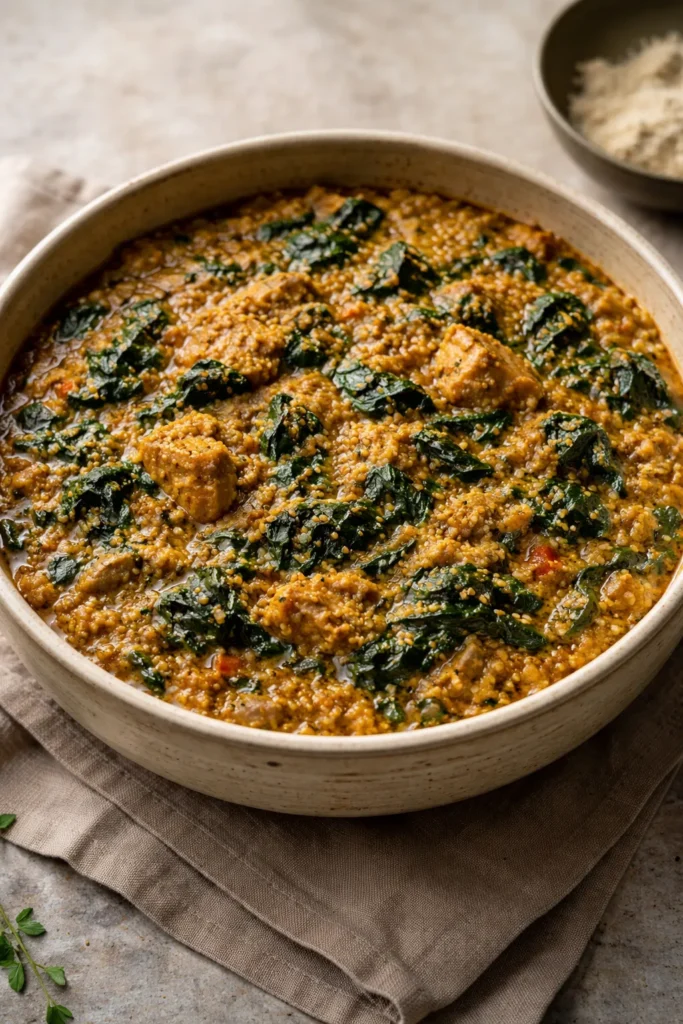 10 West African Recipes to Try at Home 4 Egusi stew in a bowl with greens and visible egusi seeds.