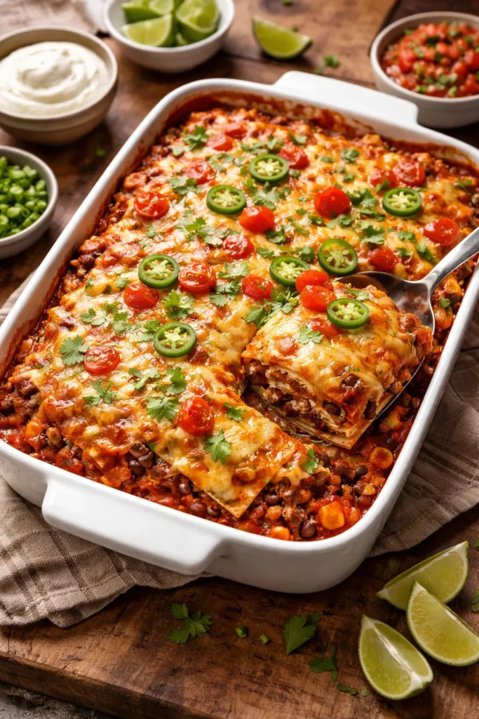 10 Cheap Family Dinners Everyone Eats 6 Top view of enchilada casserole in baking dish