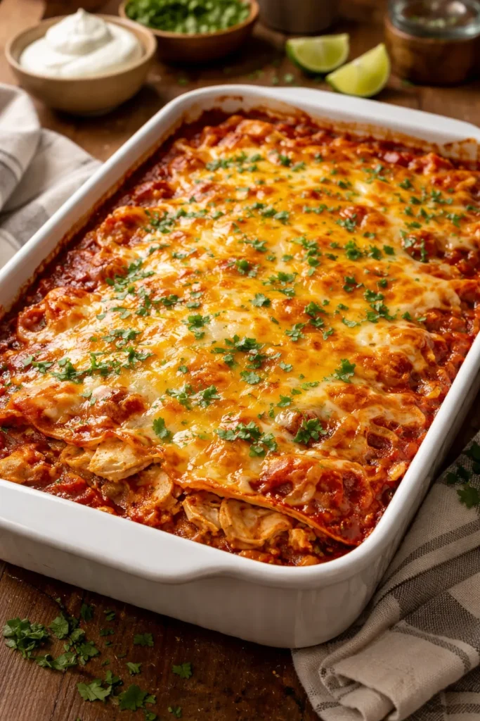10 Cheesy Chicken Casseroles Worth the Mess 7 Top-view of chicken enchilada casserole in a baking dish with melted cheese