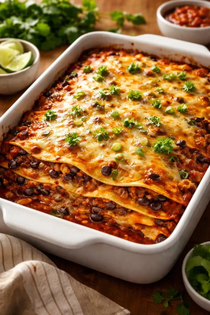 12 Dump and Bake Casseroles With No Fuss 10 Layered enchilada casserole in a baking dish with bubbling cheese