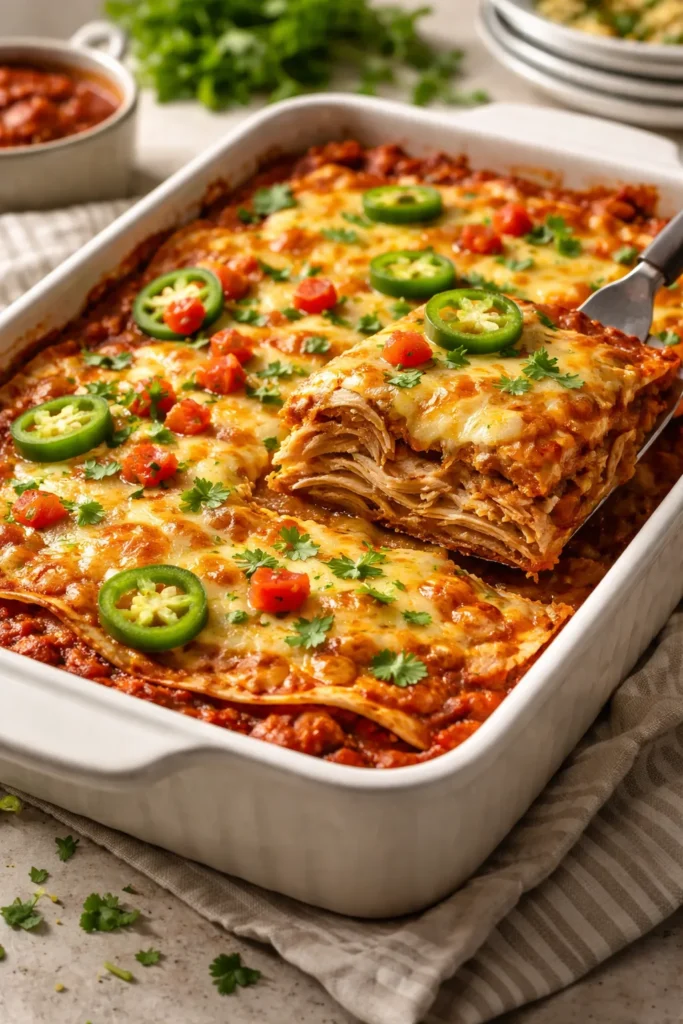 10 Chicken Casseroles the Whole Family Loves 7 Chicken Enchilada Casserole in baking dish with melted cheese
