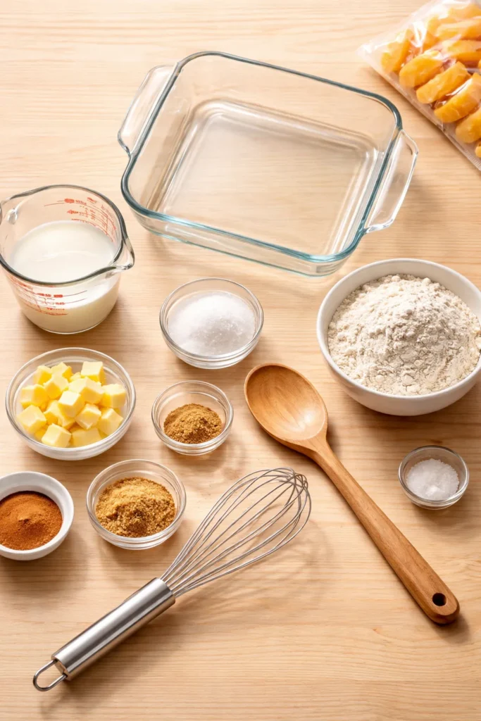 Flat lay of cobbler equipment and ingredients on a wooden surface