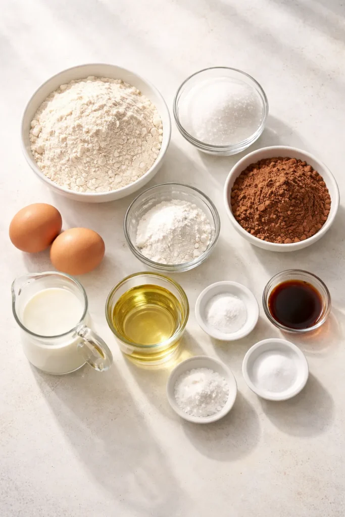 Easiest One Bowl Chocolate Cake For Beginners 3 Top-down flatlay of essential baking ingredients