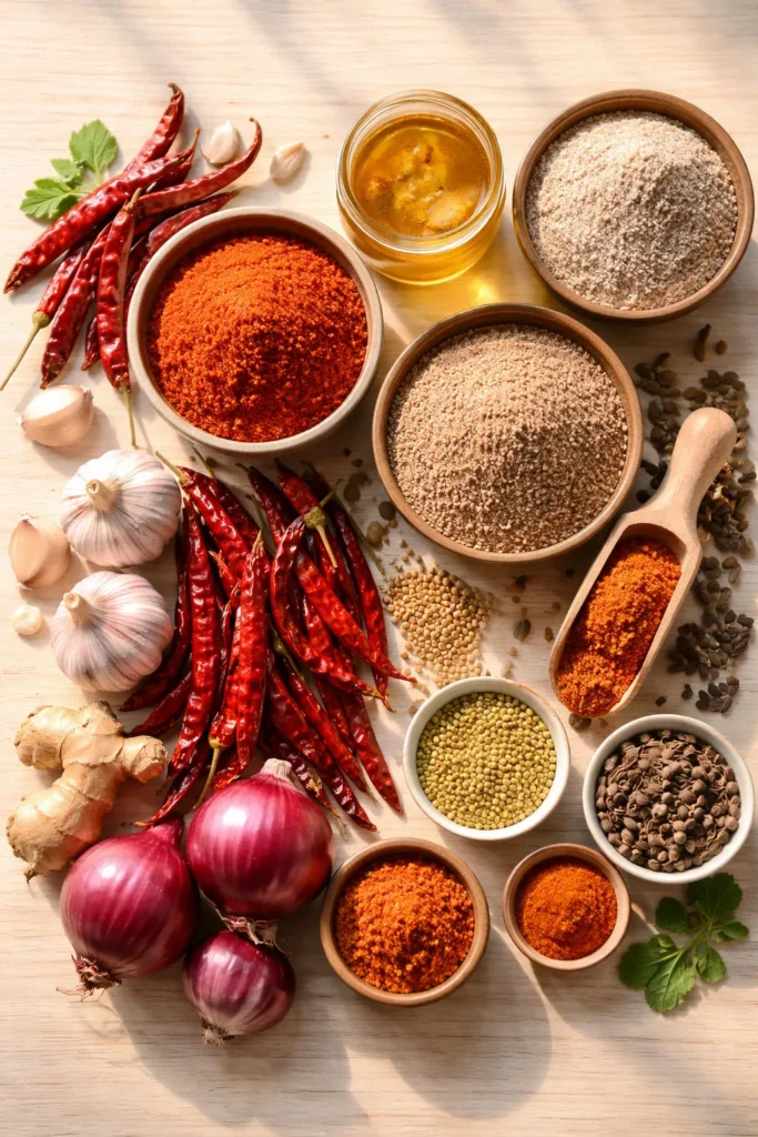 Organized Ethiopian pantry staples on a wooden surface