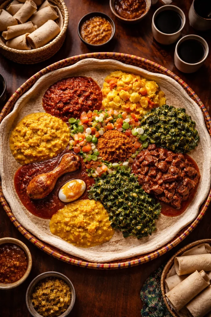 Large injera platter with colorful stews on top