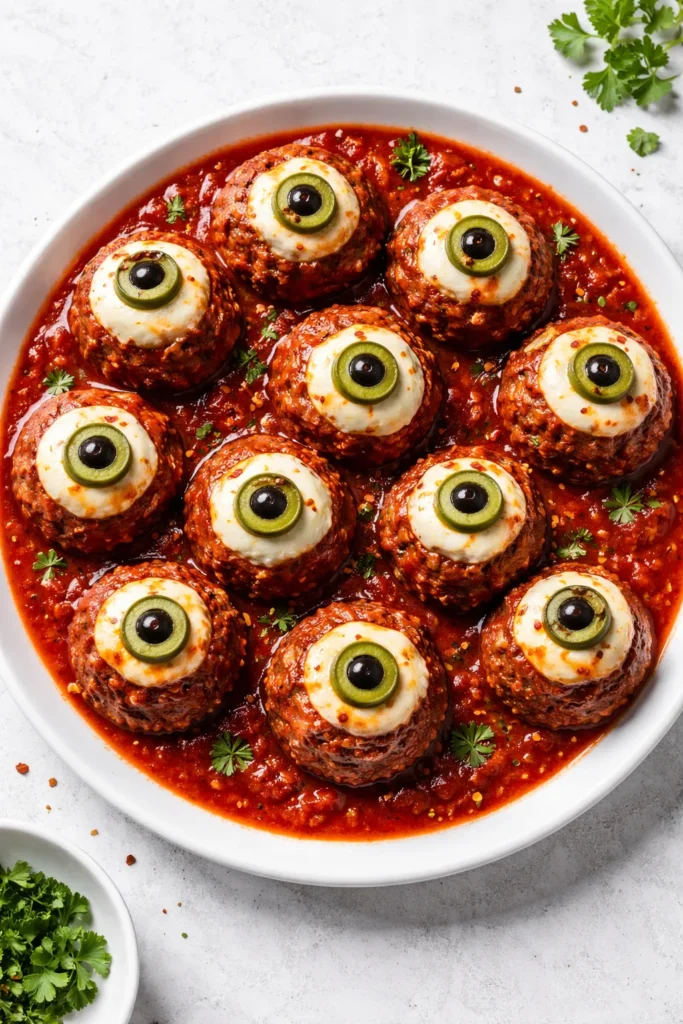 8 Halloween Dinner Ideas Your Kids Will Love 5 Meatballs with mozzarella pupils in red marinara sauce