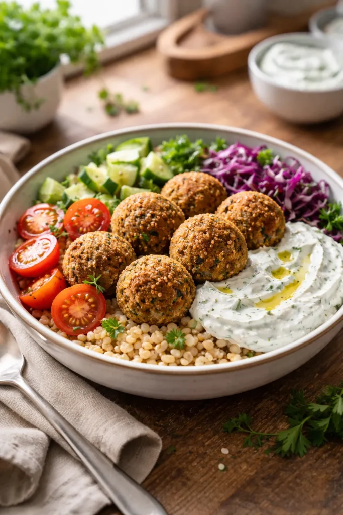 Crispy baked falafel bowl with farro and tzatziki showcasing falafel, farro, and tzatziki.