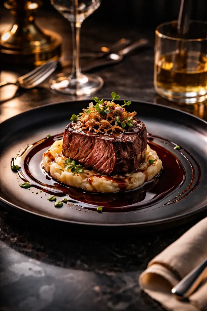 Elegant plated dish highlighting fancy dinner presentation with dramatic lighting