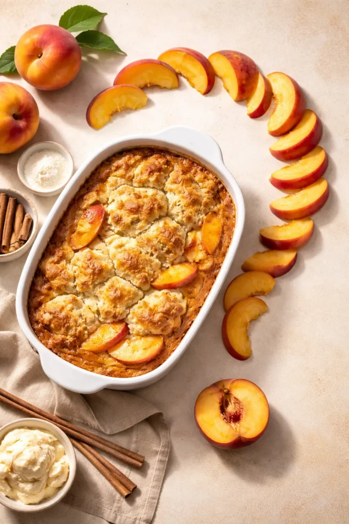 Easy Peach Cobbler With Bisquick in 30 Mins 15 Peach cobbler with peach slices arranged in a question-mark pattern around the dish