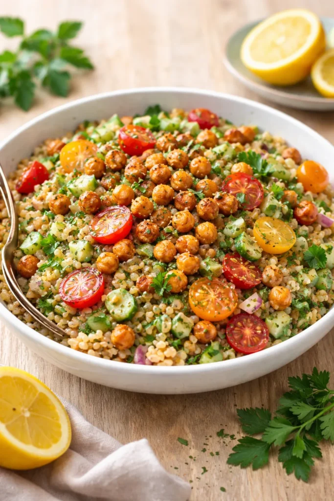 Lemon herb farro salad with crispy roasted chickpeas in a bowl