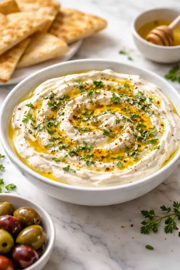 8 Easy Dip Recipes for Parties and Snacking 6 Smooth whipped feta dip with honey drizzle and herbs in a bowl