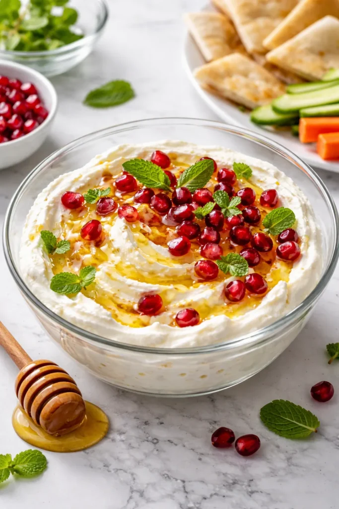 Whipped feta dip with honey and pomegranate in a glass bowl with mint