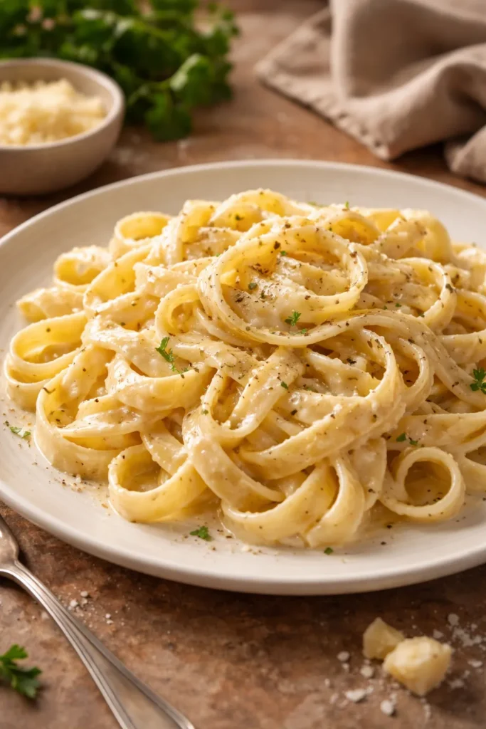 12 Easy Pasta Dinners Better Than Takeout 11 Fettuccine Alfredo with creamy sauce on plate