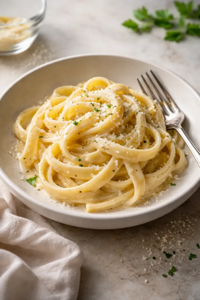 10 Easy Dinners for One That Feel Like a Treat 9 Single-serve fettuccine Alfredo in a shallow bowl with creamy sauce