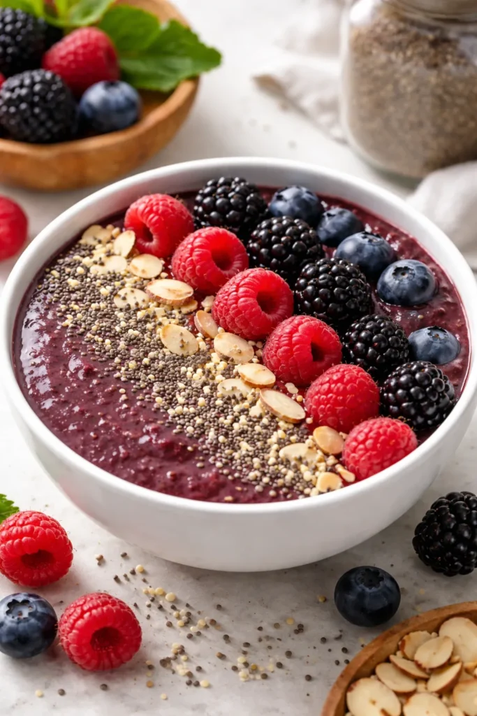 8 High Protein Smoothie Bowl Recipes 7 High-fiber mixed berry smoothie bowl topped with almonds, raspberries, and chia seeds.