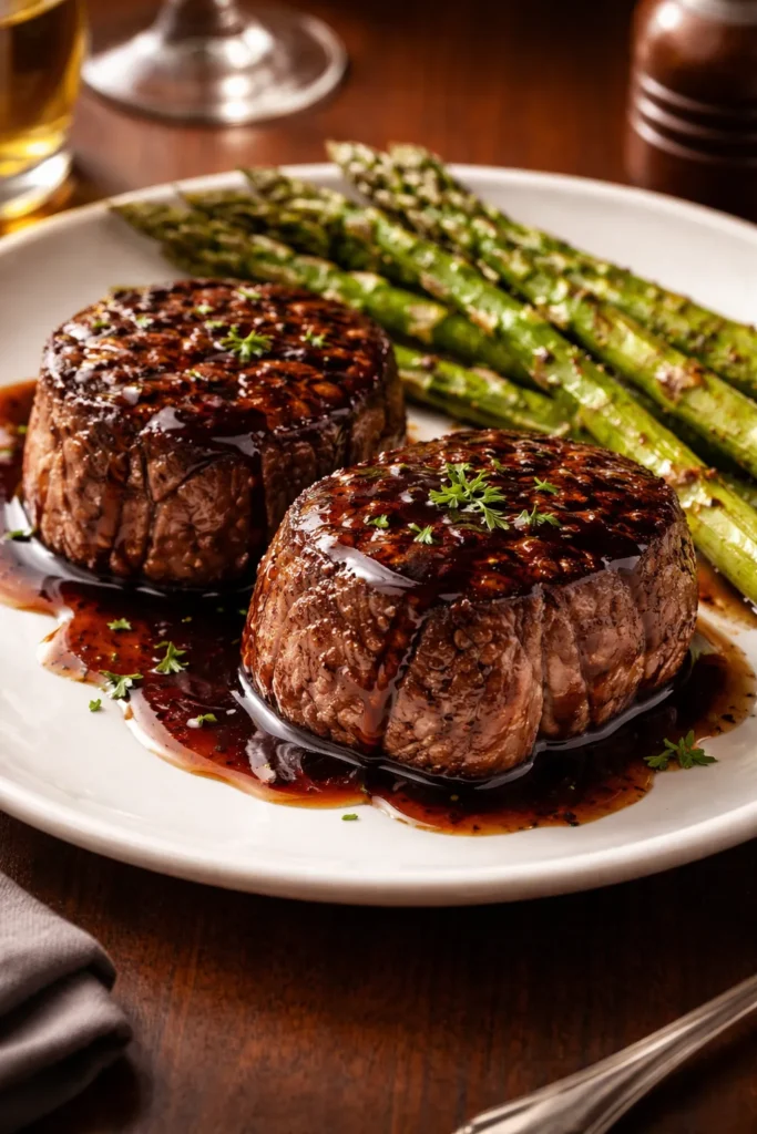 Filet mignon with balsamic glaze and roasted asparagus on plate