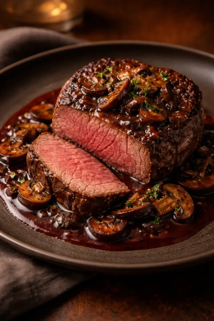Close-up of filet mignon with red wine mushroom sauce on a dark plate