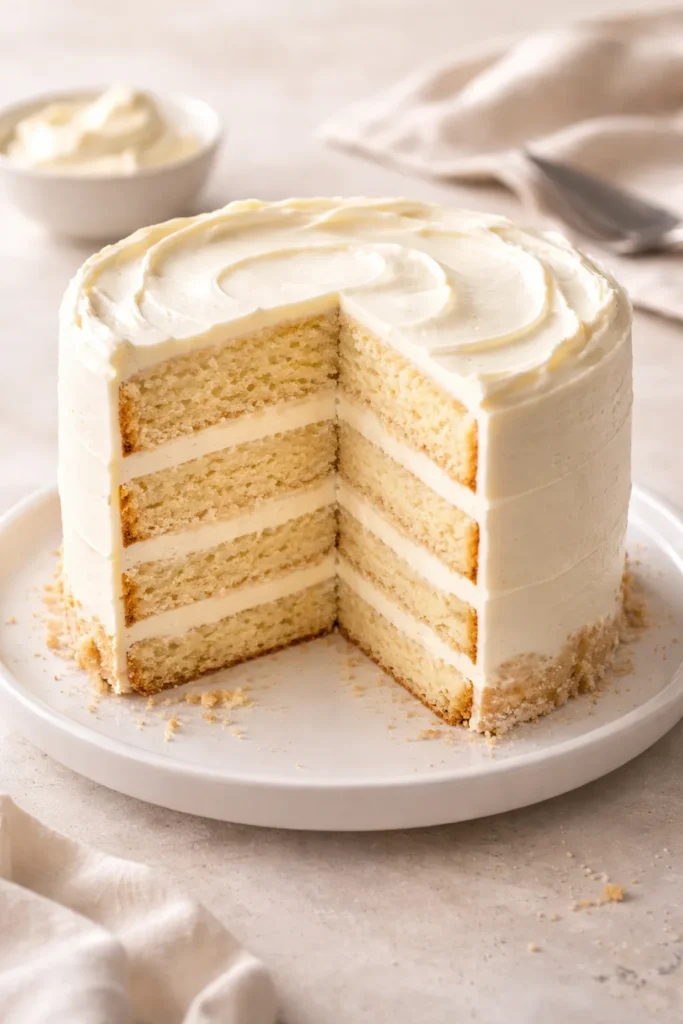 Finished layered cake showing cream cheese filling between layers