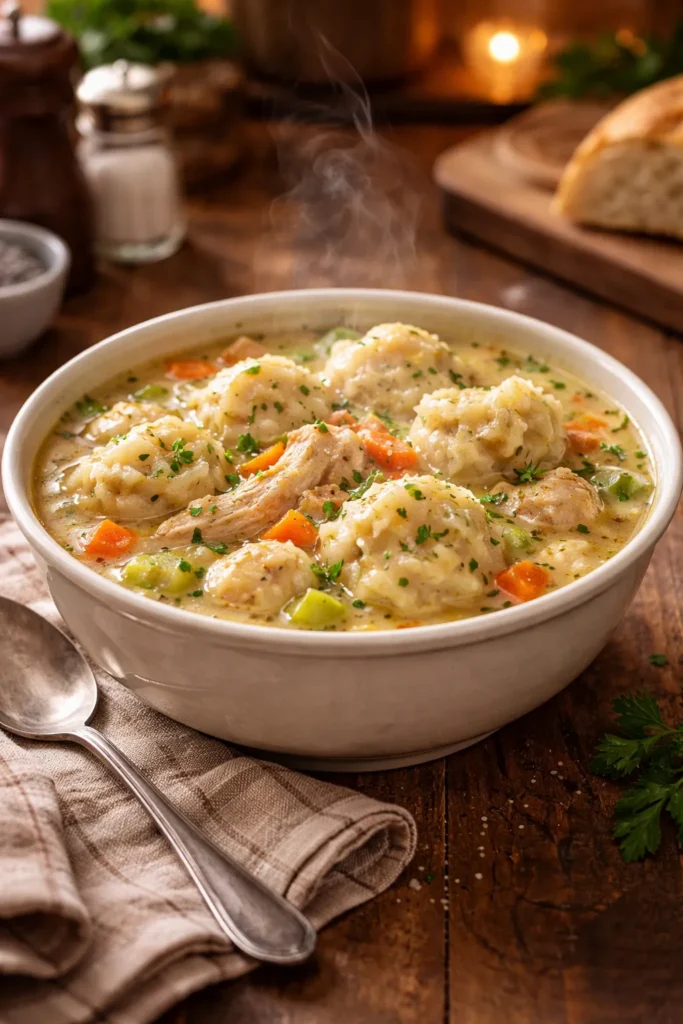 8 Chicken and Dumpling Recipes Like Grandma's 9 Final bowl of chicken and dumplings on a wooden table with steam
