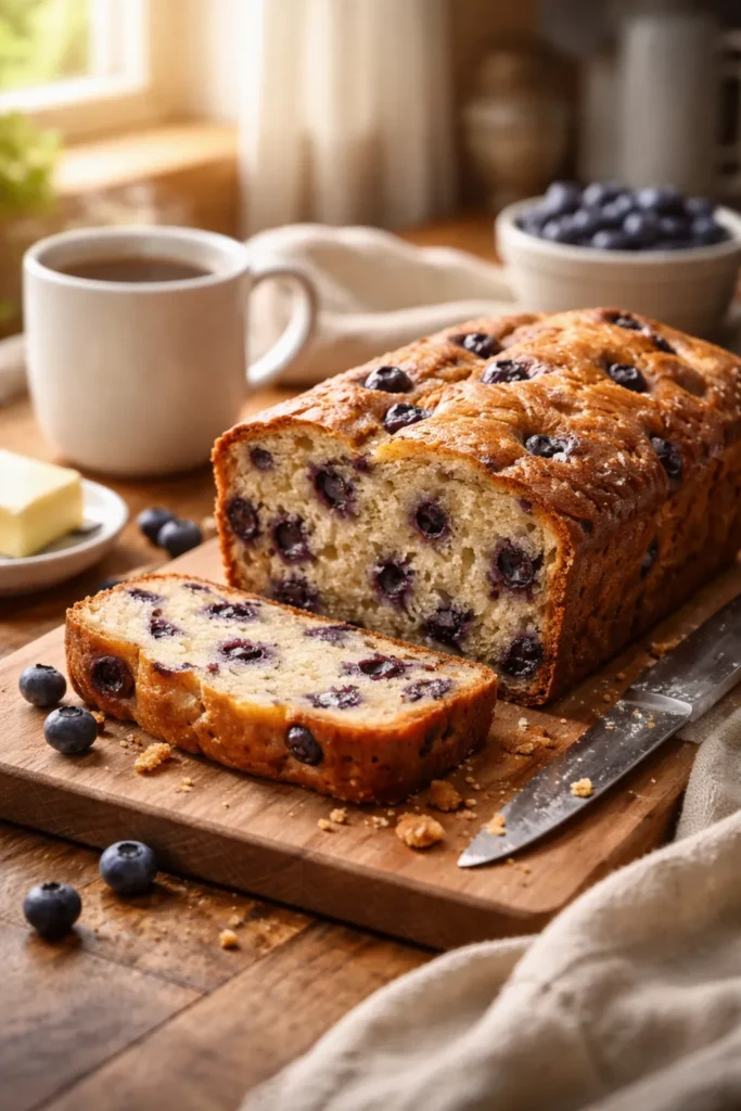 Moist Blueberry Muffin Bread for Coffee Time 14 Blueberry muffin bread loaf in warm light, symbolizing final thoughts and comfort