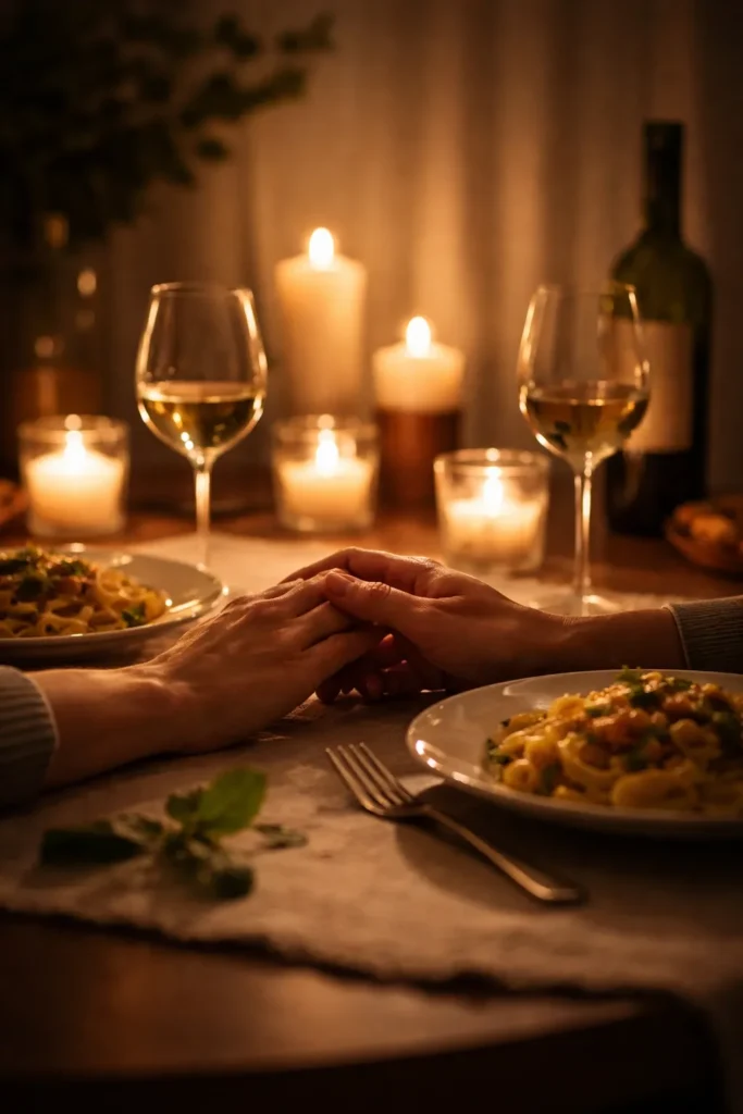 Candlelit table for two showing intimate final thoughts after home dinner
