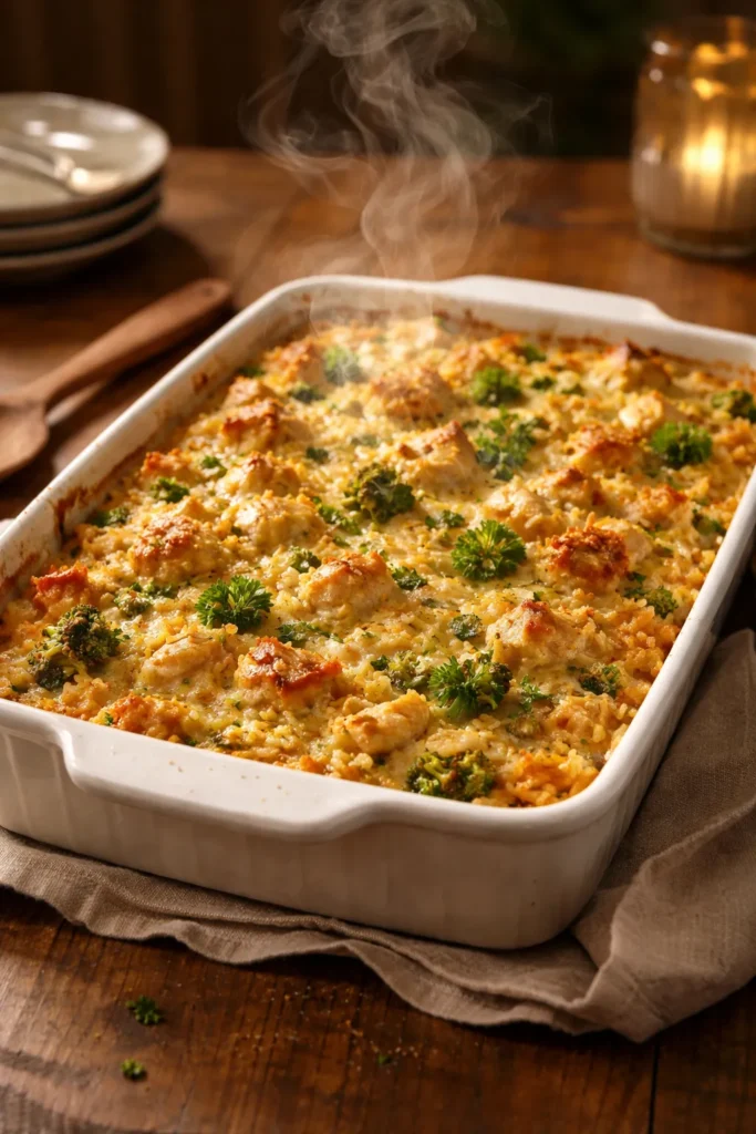 12 Dump and Bake Casseroles With No Fuss 16 Finished casserole dish on a wooden table with warm lighting