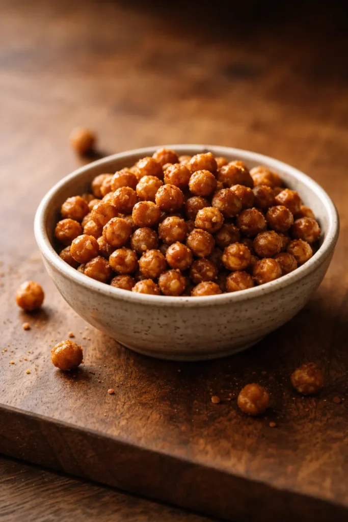12 Air Fryer Dinners Crispy Without the Oil 17 Bowl of crispy chickpeas on a wooden surface under warm lighting.