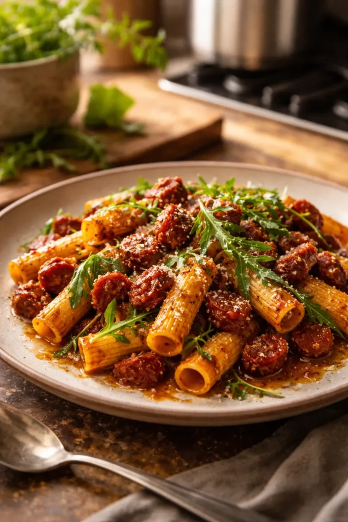 Finished plate of chorizo pasta representing final thoughts