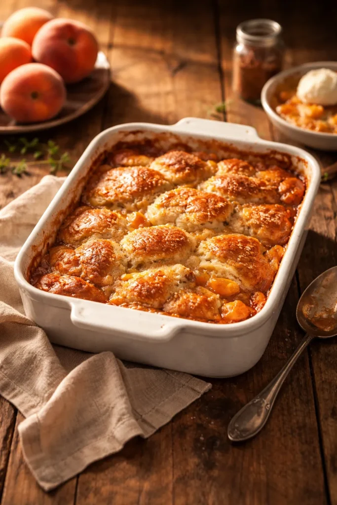 Simple Homemade Peach Cobbler From Scratch 12 Warm peach cobbler on rustic table with golden light