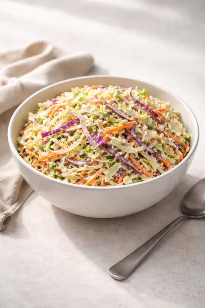 Single bowl of fresh coleslaw on a clean surface