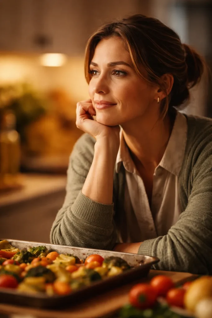8 Easy Roasted Vegetable Sides for Dinner 13 Close-up of a contemplative person in a warmly lit kitchen, no text
