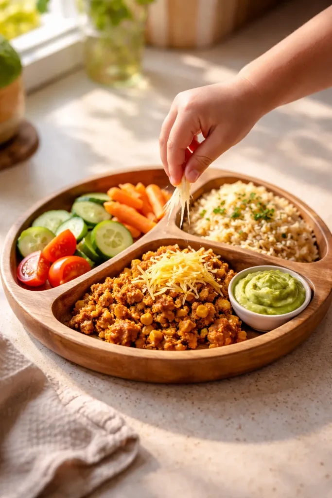 12 Kid-Friendly Dinners Beyond Chicken Nuggets 13 Close-up of a deconstructed kid-friendly dinner on a wooden plate with separated components and a child's hand sprinkling cheese
