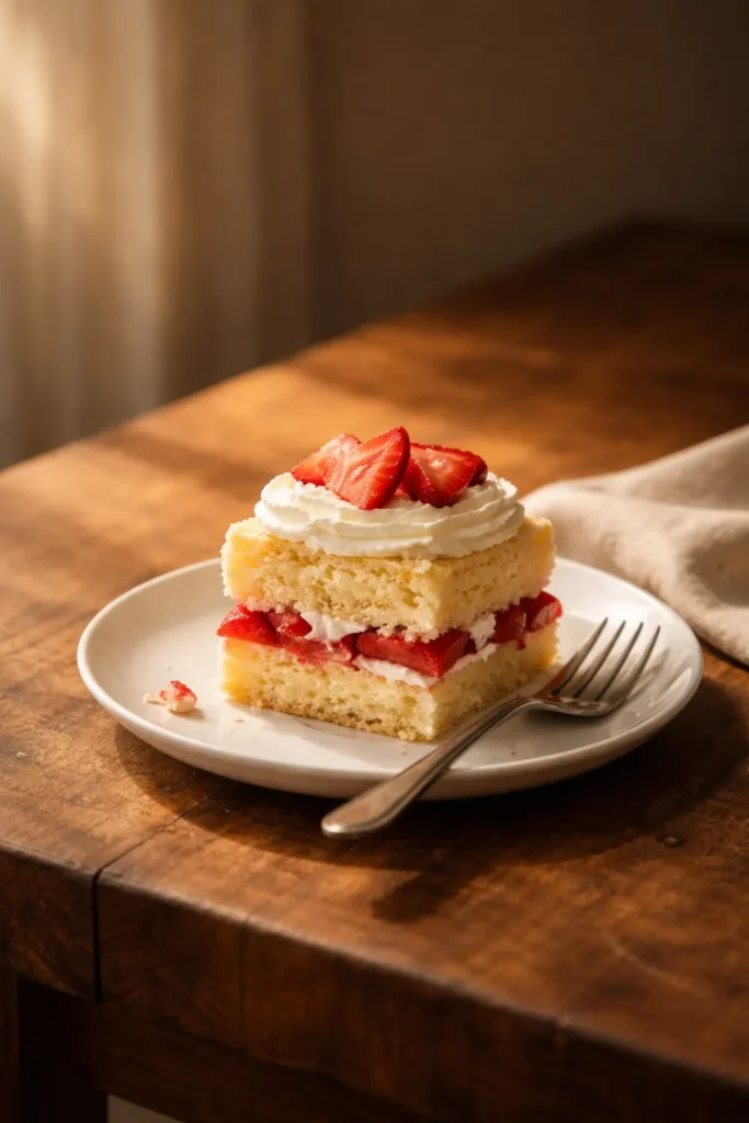 Minimalist plated dessert on wooden table with warm lighting