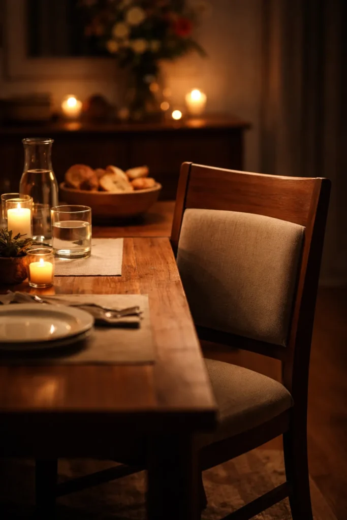 12 Classic American Dinners Everyone Loves 13 Warm candlelit dining room with an empty chair at the head of a table, symbolizing final thoughts after a shared meal