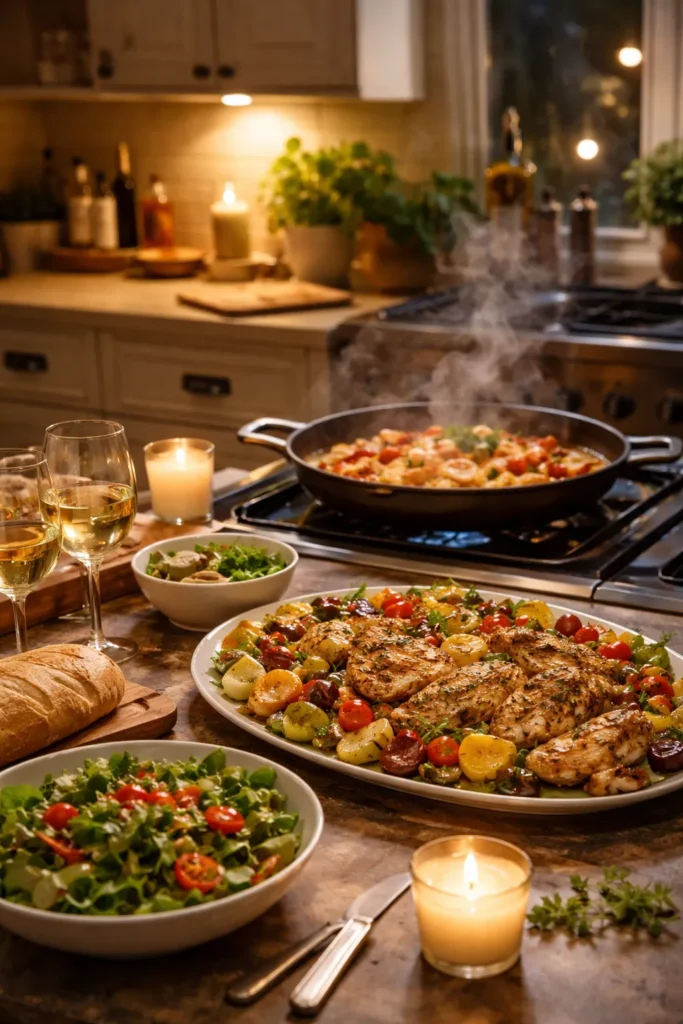 Steaming skillet on the stove with dinner ready in a cozy kitchen