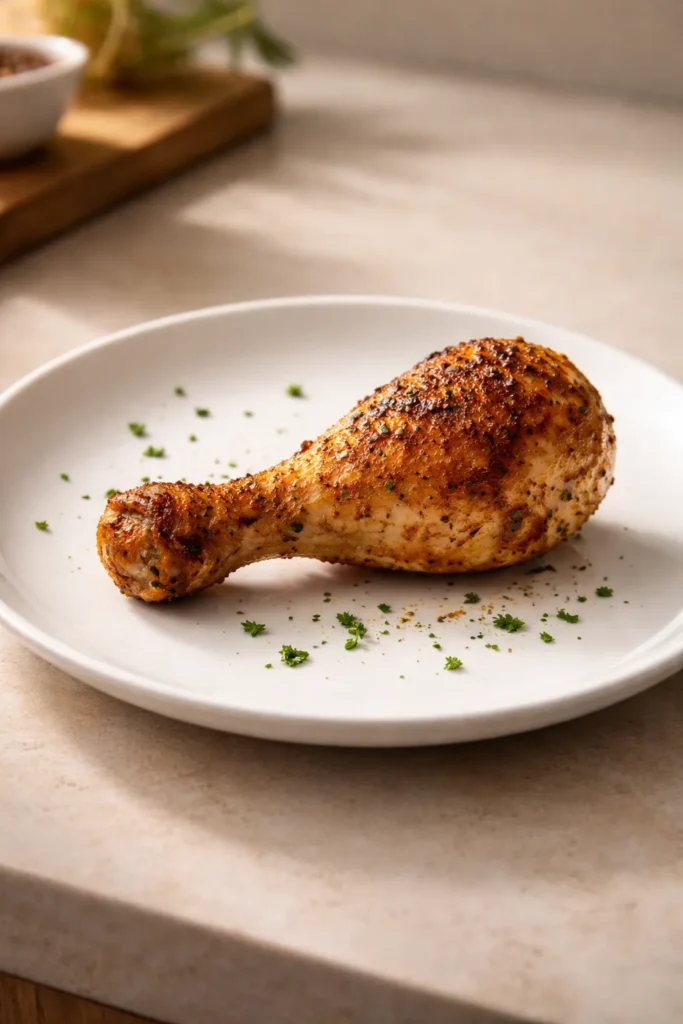 10 Crispy Chicken Drumstick Recipes for Dinner 11 Single crispy drumstick on white plate in a minimalist setting