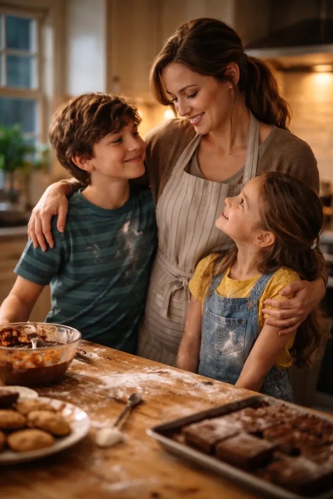 12 Fun Family Night Desserts to Make Together 13 Warm kitchen scene of a family smiling together after dessert making, with flour on sleeves