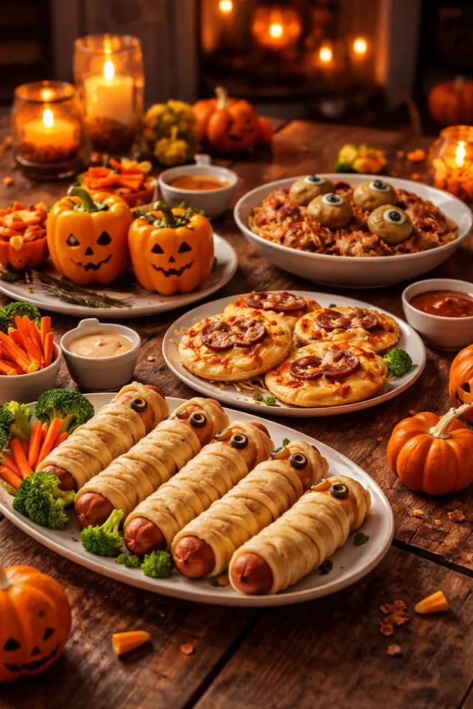 8 Halloween Dinner Ideas Your Kids Will Love 11 Cozy dinner scene with Halloween-themed plates after cooking
