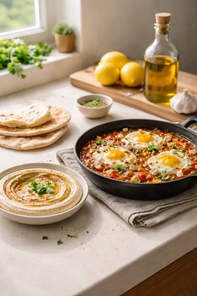 10 Middle Eastern Recipes Easy to Make at Home 14 Calm kitchen scene with hummus and shakshuka, olive oil and lemons, minimal setup