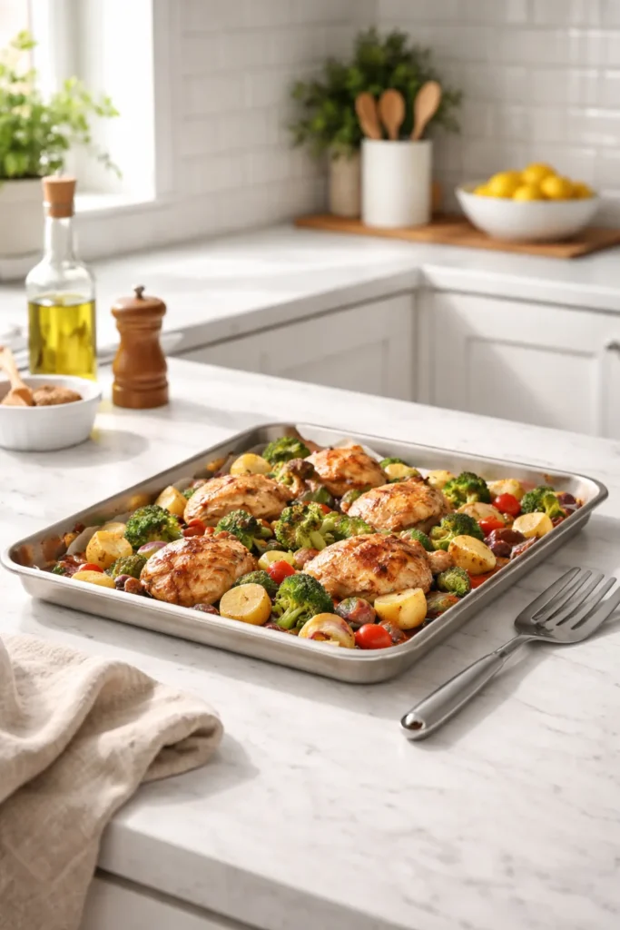 10 Sheet Pan Dinners With Almost No Cleanup 15 Minimal kitchen scene with a single sheet pan awaiting cleanup