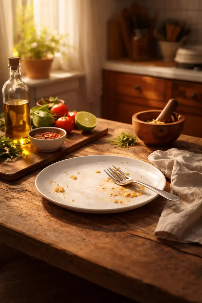 Quiet kitchen with a clean plate, evoking reflection after cooking