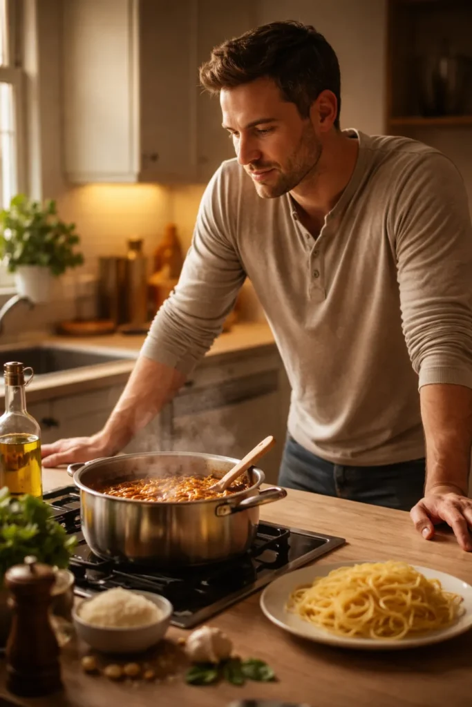 8 Spaghetti Bolognese Recipes to Try Tonight 11 Silhouette of a person thinking in a kitchen with a simmering pot nearby