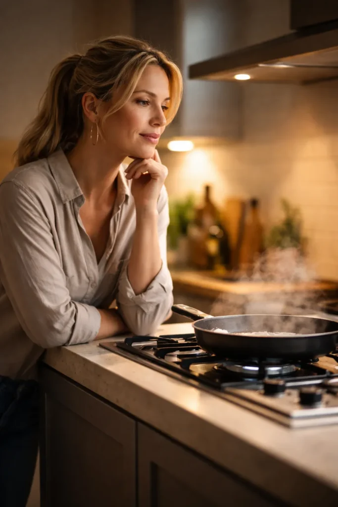 8 Stovetop Dinners When You're Short on Time 13 Thoughtful person at stove contemplating quick stovetop dinners in a warm kitchen