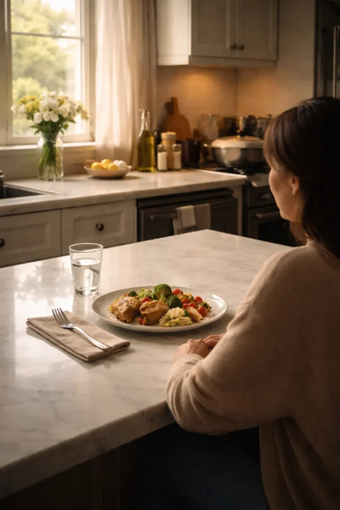 8 Make-Ahead Dinners Ready When You Are 11 Reflective moment in the kitchen with a prepared meal on the counter
