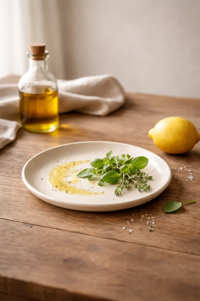 8 Mediterranean Dinner Recipes for Weeknights 12 Minimalist still-life with plate, herbs, oil, and lemon