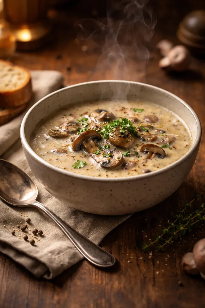 Steaming mushroom soup in a bowl with warm cozy lighting